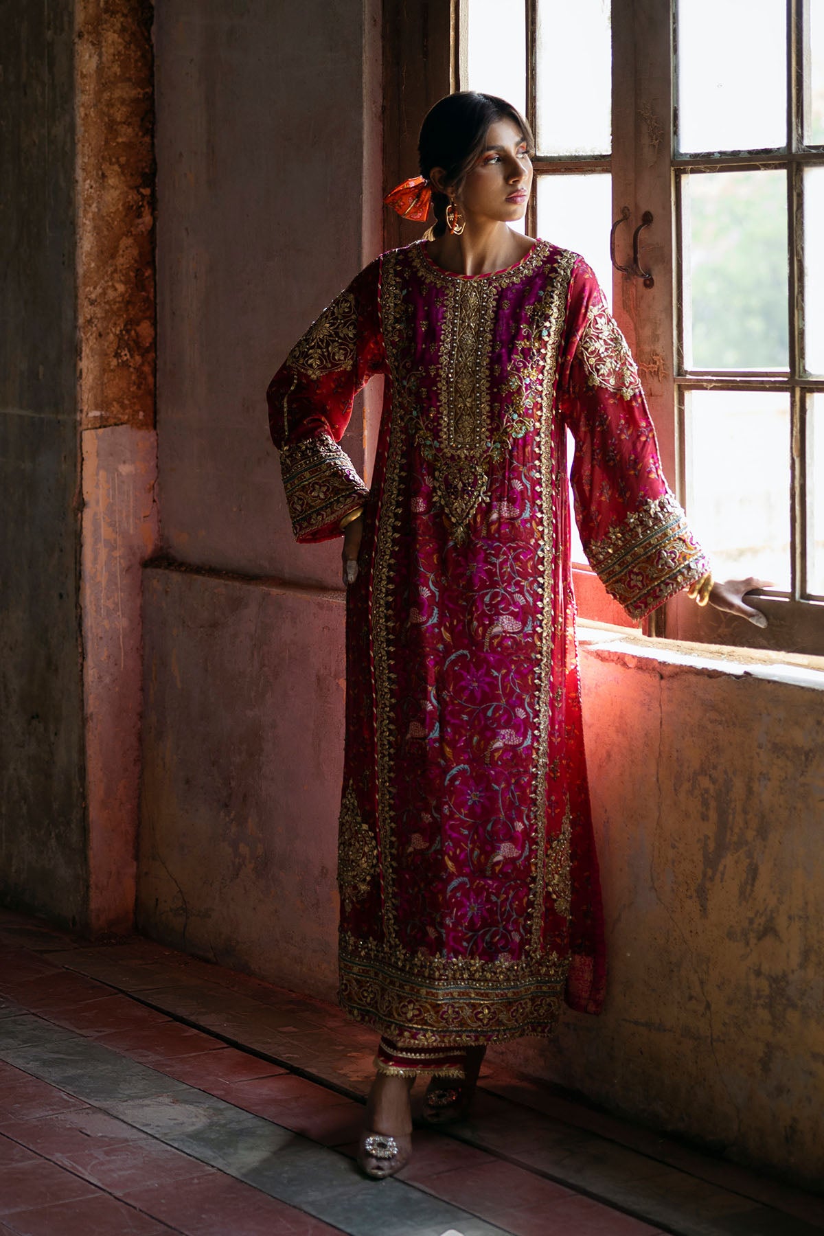 Maroon Red Embellished Silk & Grip Kurta (2-Piece) - Image 1