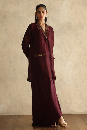 Deep Burgundy Gold Embroidered Silk Salwar Kameez (2-Piece) - Image 1
