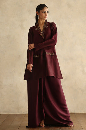 Deep Burgundy Gold Embroidered Silk Salwar Kameez (2-Piece) - Image 2