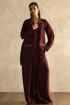 Deep Burgundy Gold Embroidered Silk Salwar Kameez (2-Piece) - Image 3