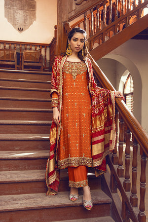 Pakistani Rust & Maroon Zardozi Silk Net Long Shirt (3-Piece) - Image 1