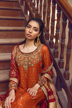 Pakistani Rust & Maroon Zardozi Silk Net Long Shirt (3-Piece) - Image 5