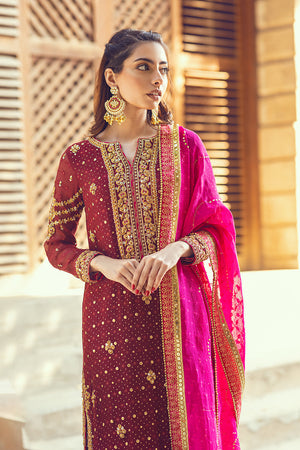 Maroon Embroidered Silk Net Salwar Kameez (3-Piece) - Image 2