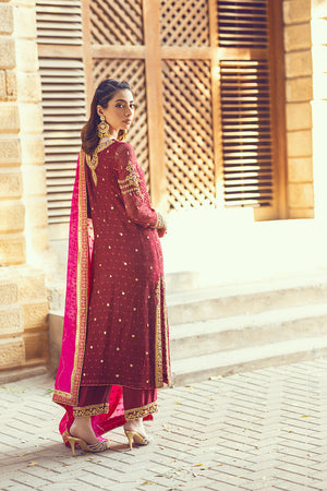 Maroon Embroidered Silk Net Salwar Kameez (3-Piece) - Image 4