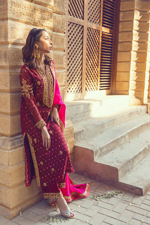 Maroon Embroidered Silk Net Salwar Kameez (3-Piece) - Image 6