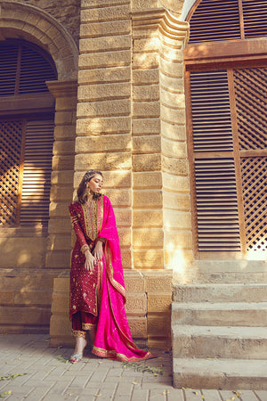 Maroon Embroidered Silk Net Salwar Kameez (3-Piece) - Image 7