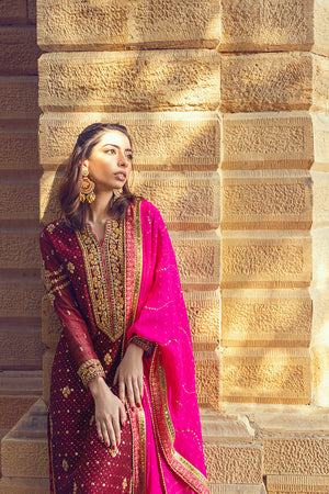 Maroon Embroidered Silk Net Salwar Kameez (3-Piece) - Image 8