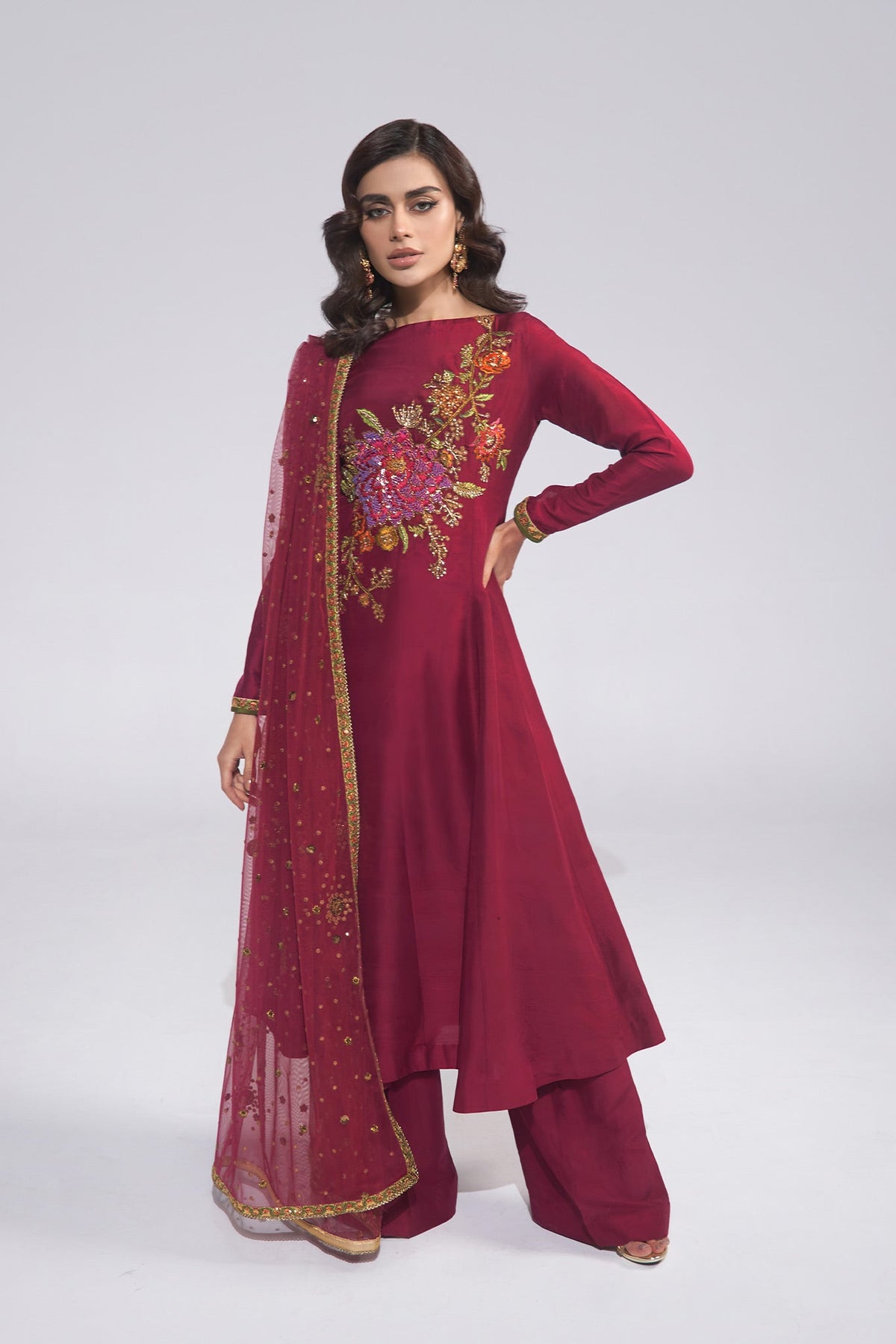 Pakistani Wine Zardozi Embroidered Pure Silk Salwar Kameez (3-Piece) - Image 1