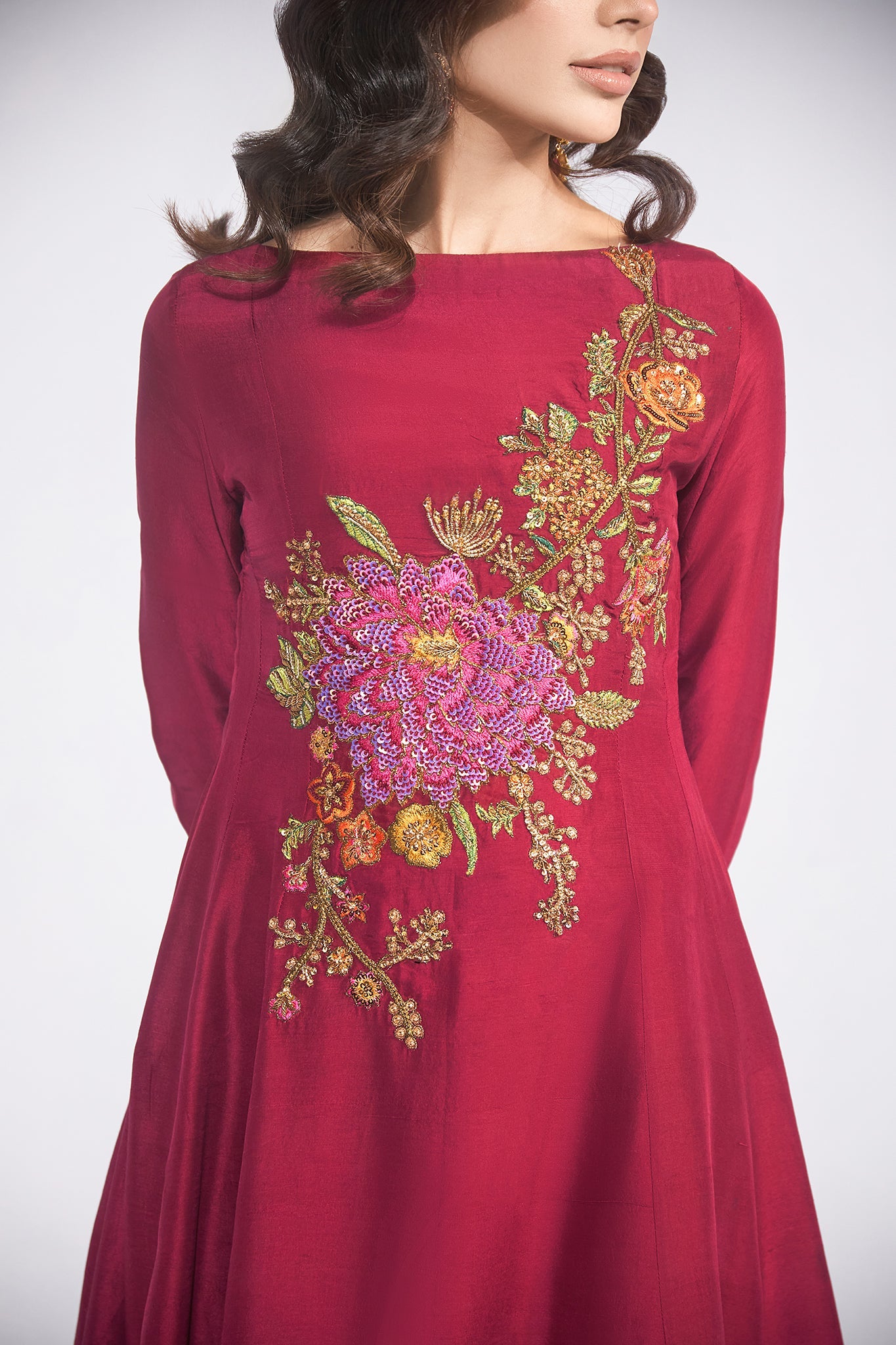 Pakistani Wine Zardozi Embroidered Pure Silk Salwar Kameez (3-Piece) - Image 3