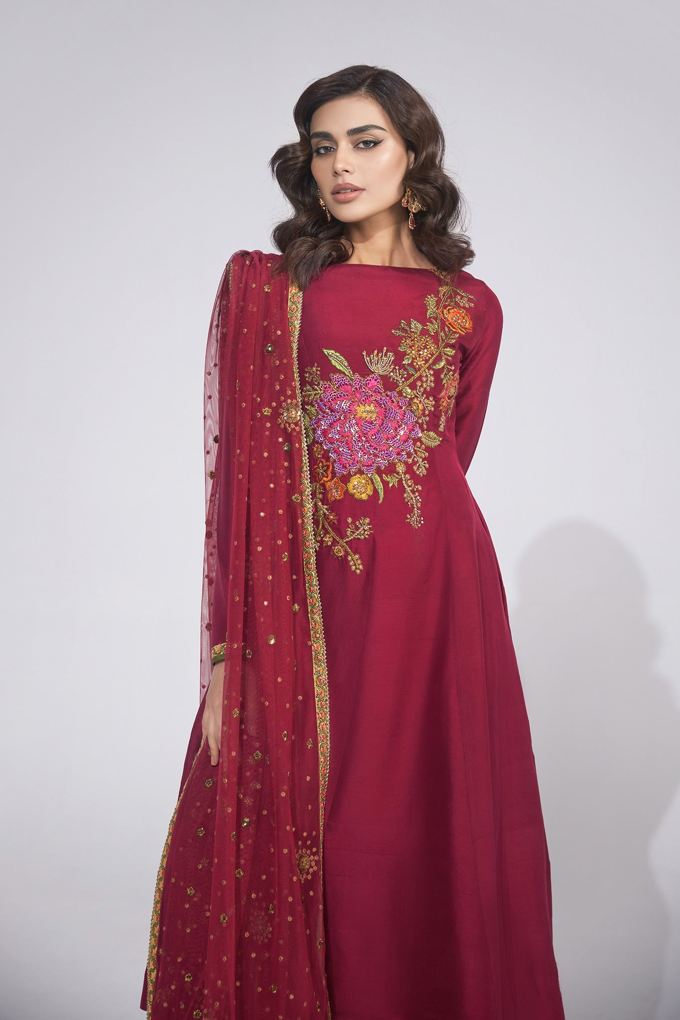 Pakistani Wine Zardozi Embroidered Pure Silk Salwar Kameez (3-Piece) - Image 5