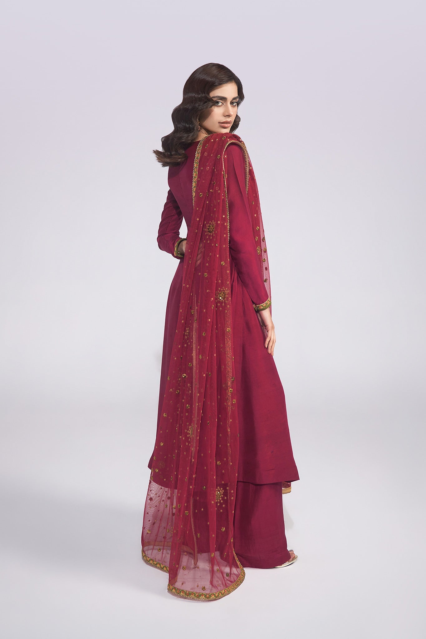 Pakistani Wine Zardozi Embroidered Pure Silk Salwar Kameez (3-Piece) - Image 6
