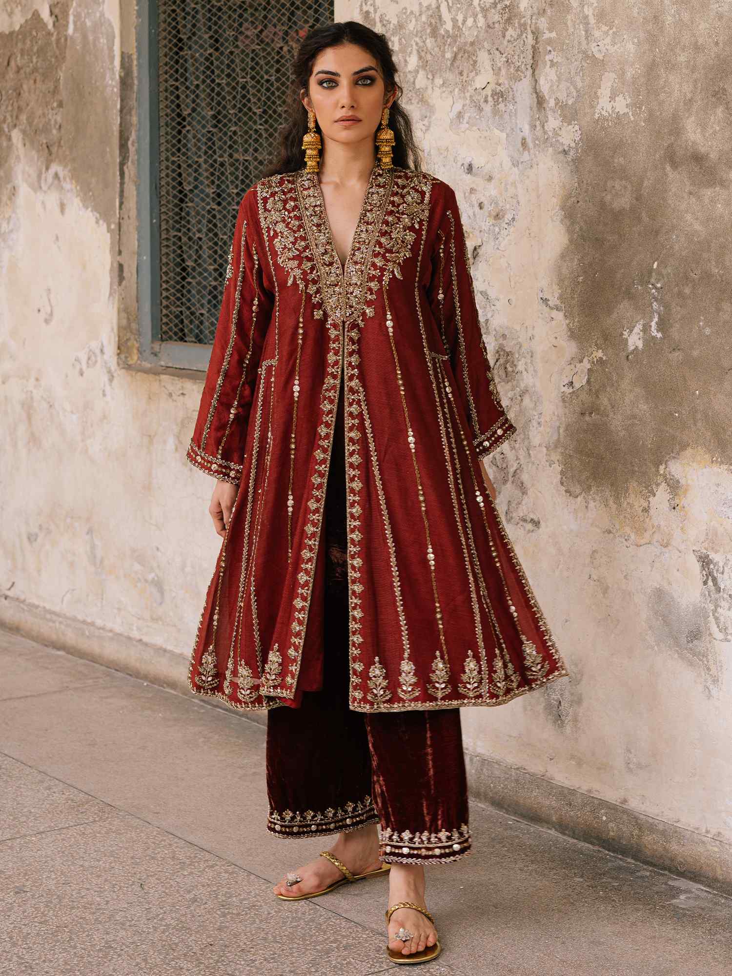 Pakistani Amber Zardozi Spun Net Kameez with Velvet Izaar (2-Piece) - Image 1
