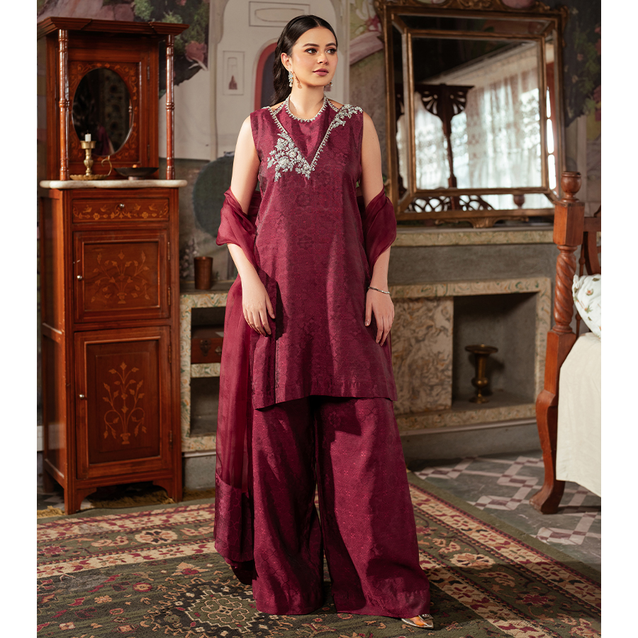Wine Red Embellished Tissue Silk Palazzo Set (3-Piece) - Image 1