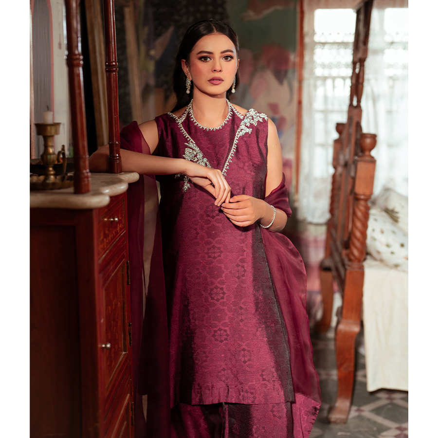 Wine Red Embellished Tissue Silk Palazzo Set (3-Piece) - Image 2