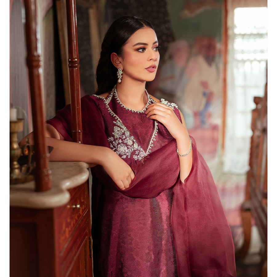 Wine Red Embellished Tissue Silk Palazzo Set (3-Piece) - Image 3