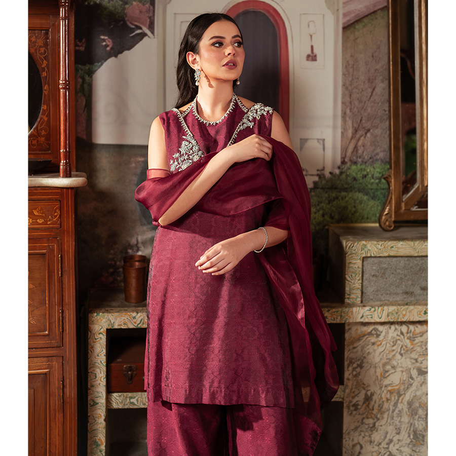 Wine Red Embellished Tissue Silk Palazzo Set (3-Piece) - Image 4