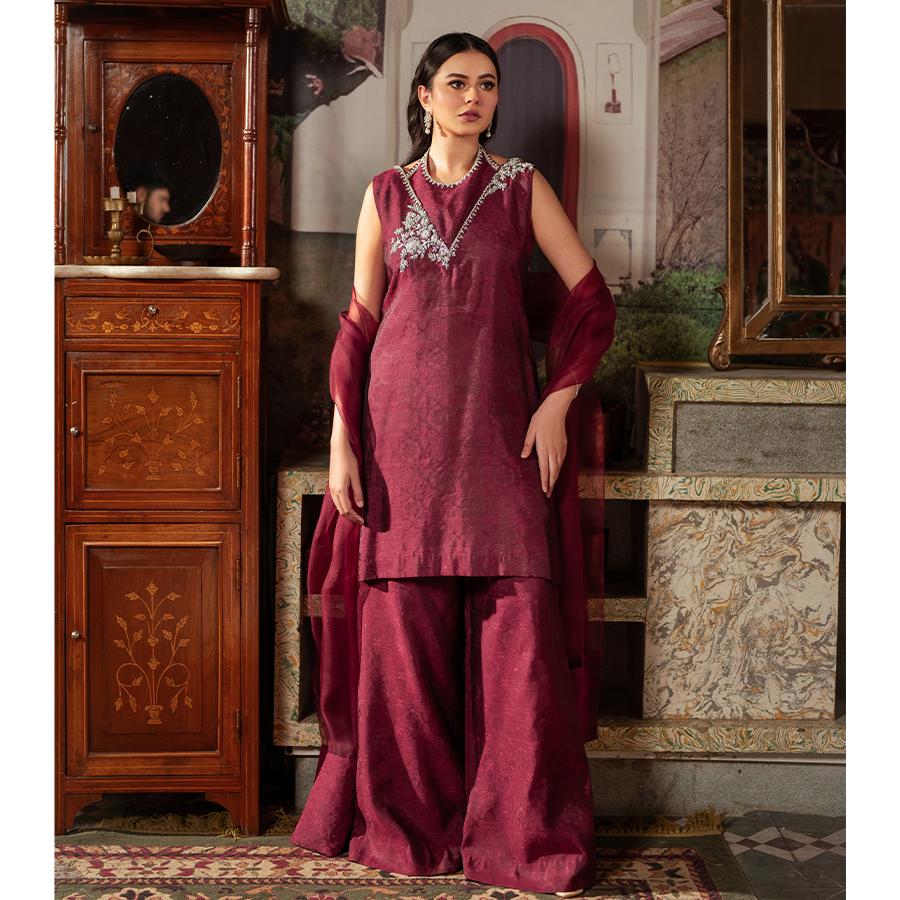 Wine Red Embellished Tissue Silk Palazzo Set (3-Piece) - Image 5