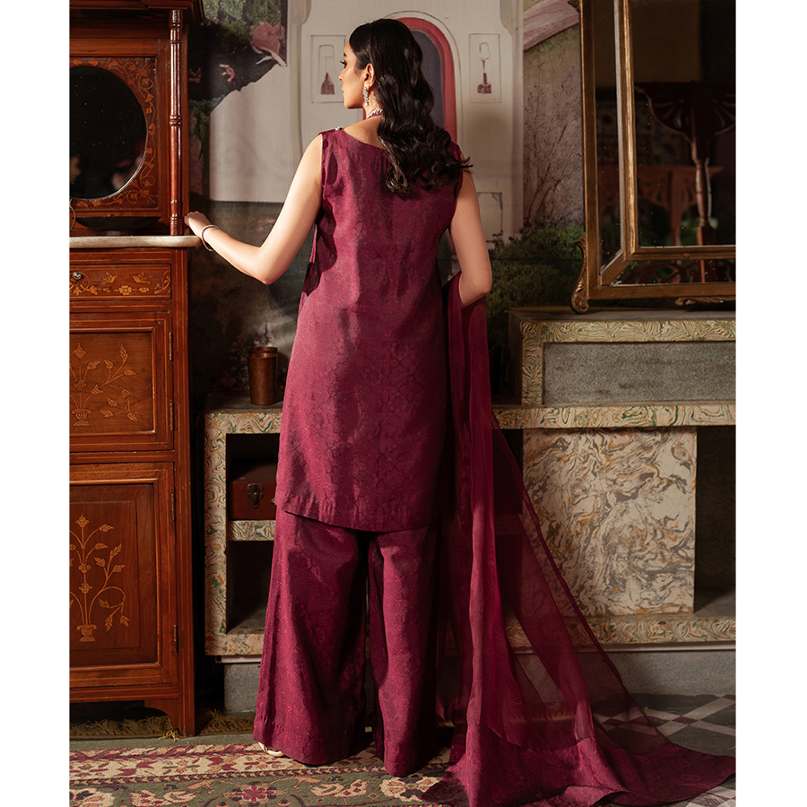 Wine Red Embellished Tissue Silk Palazzo Set (3-Piece) - Image 6