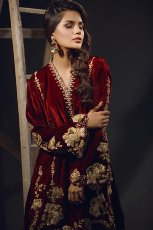 Maroon Embroidered Velour Salwar Kameez (3-Piece) - Image 2