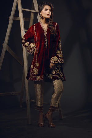 Maroon Embroidered Velour Salwar Kameez (3-Piece) - Image 3