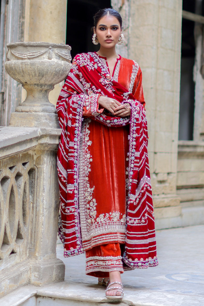 Pakistani Rust 3D Hand Embroidered Velvet Salwar Kameez (3-Piece) - Image 1