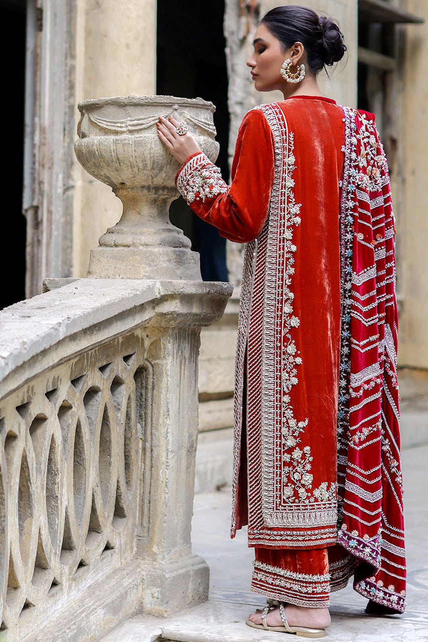 Pakistani Rust 3D Hand Embroidered Velvet Salwar Kameez (3-Piece) - Image 2