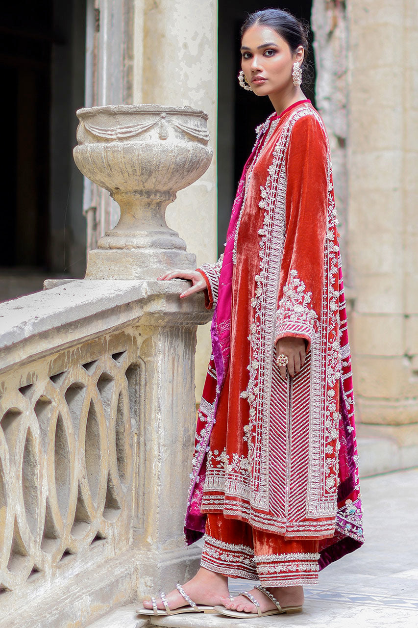 Pakistani Rust 3D Hand Embroidered Velvet Salwar Kameez (3-Piece) - Image 3