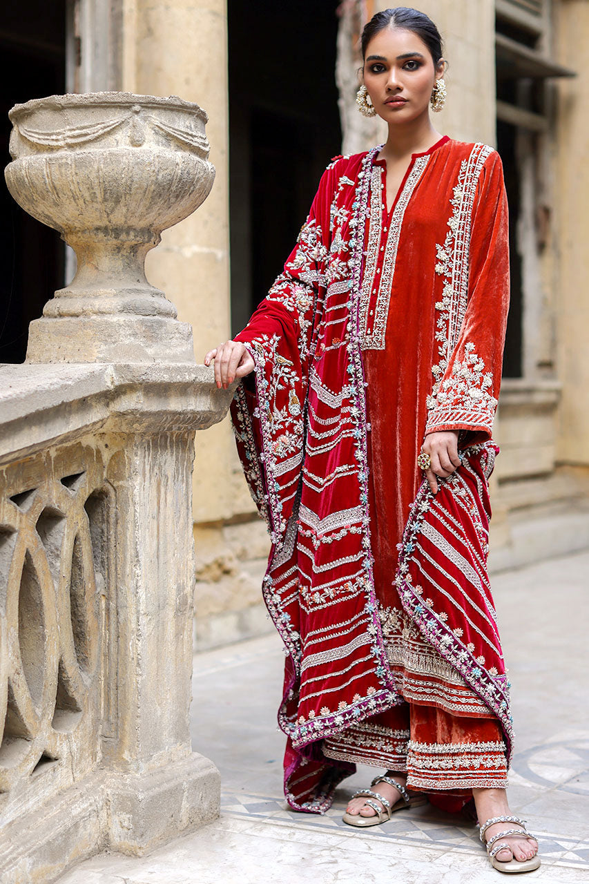 Pakistani Rust 3D Hand Embroidered Velvet Salwar Kameez (3-Piece) - Image 6