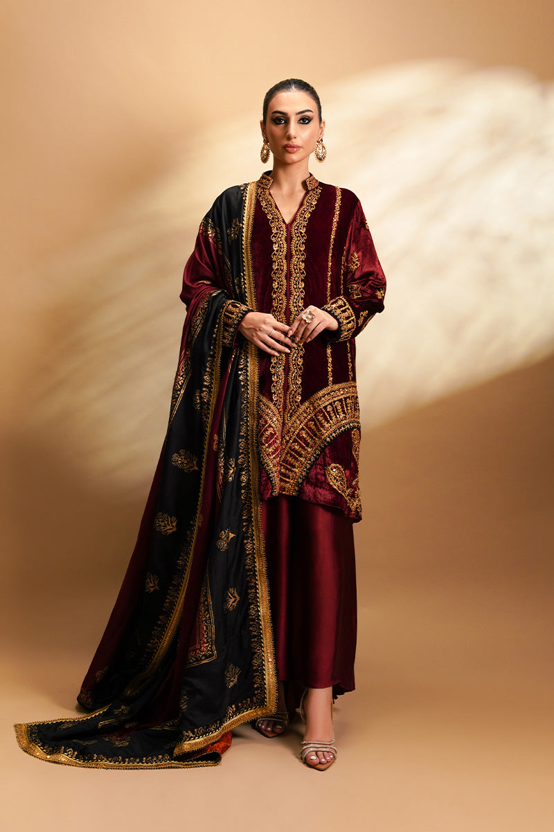 Maroon Maroori & Zardozi Velvet Kurta Set (3-Piece) - Image 1