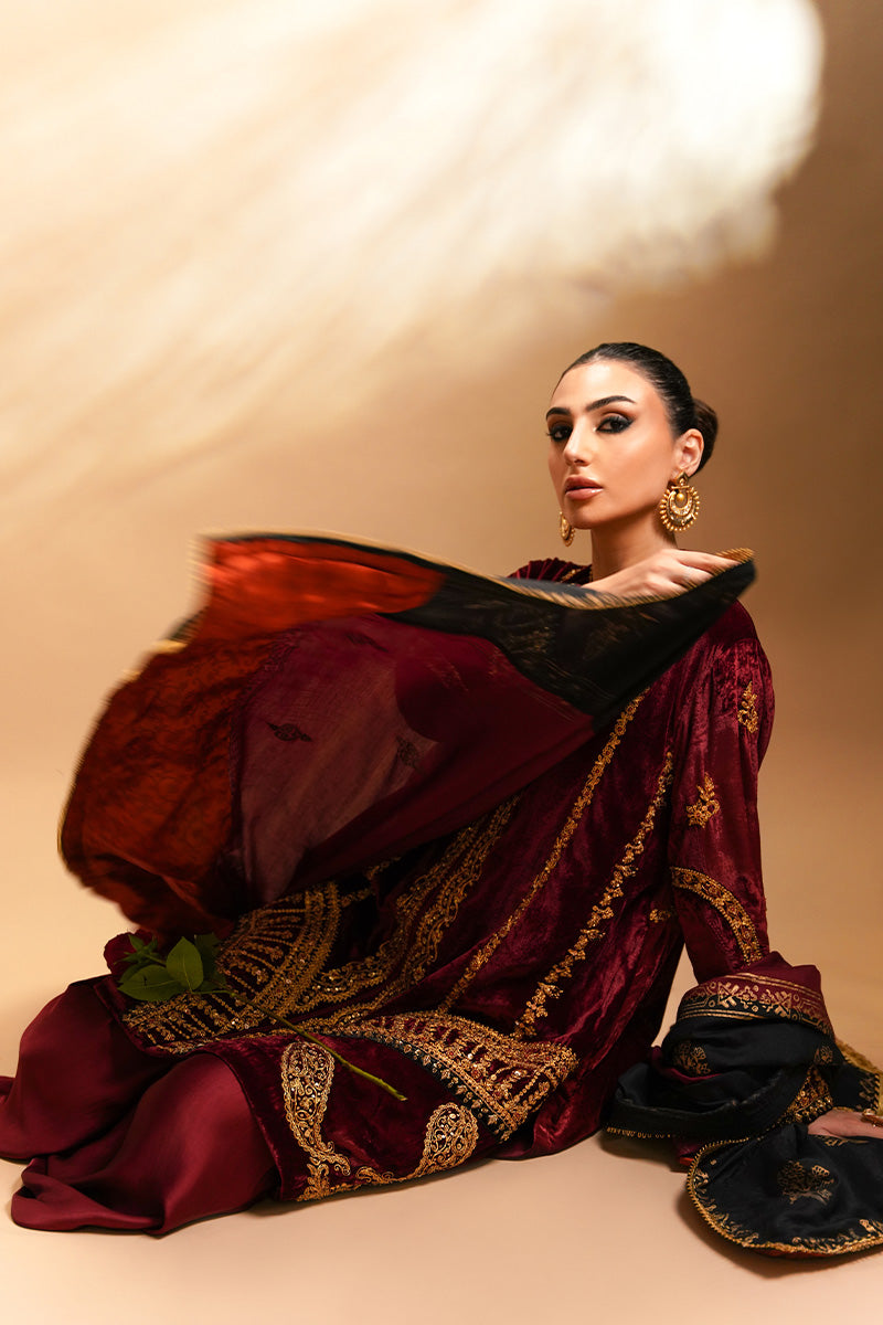 Maroon Maroori & Zardozi Velvet Kurta Set (3-Piece) - Image 10