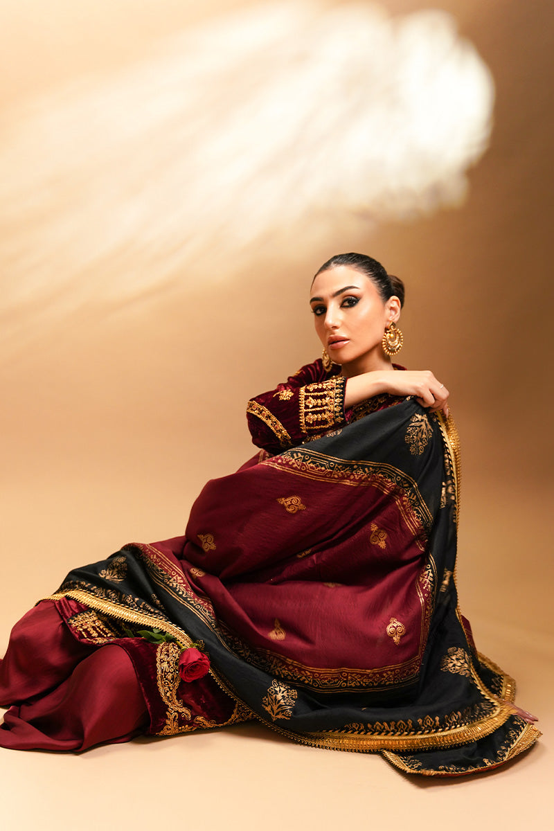 Maroon Maroori & Zardozi Velvet Kurta Set (3-Piece) - Image 7