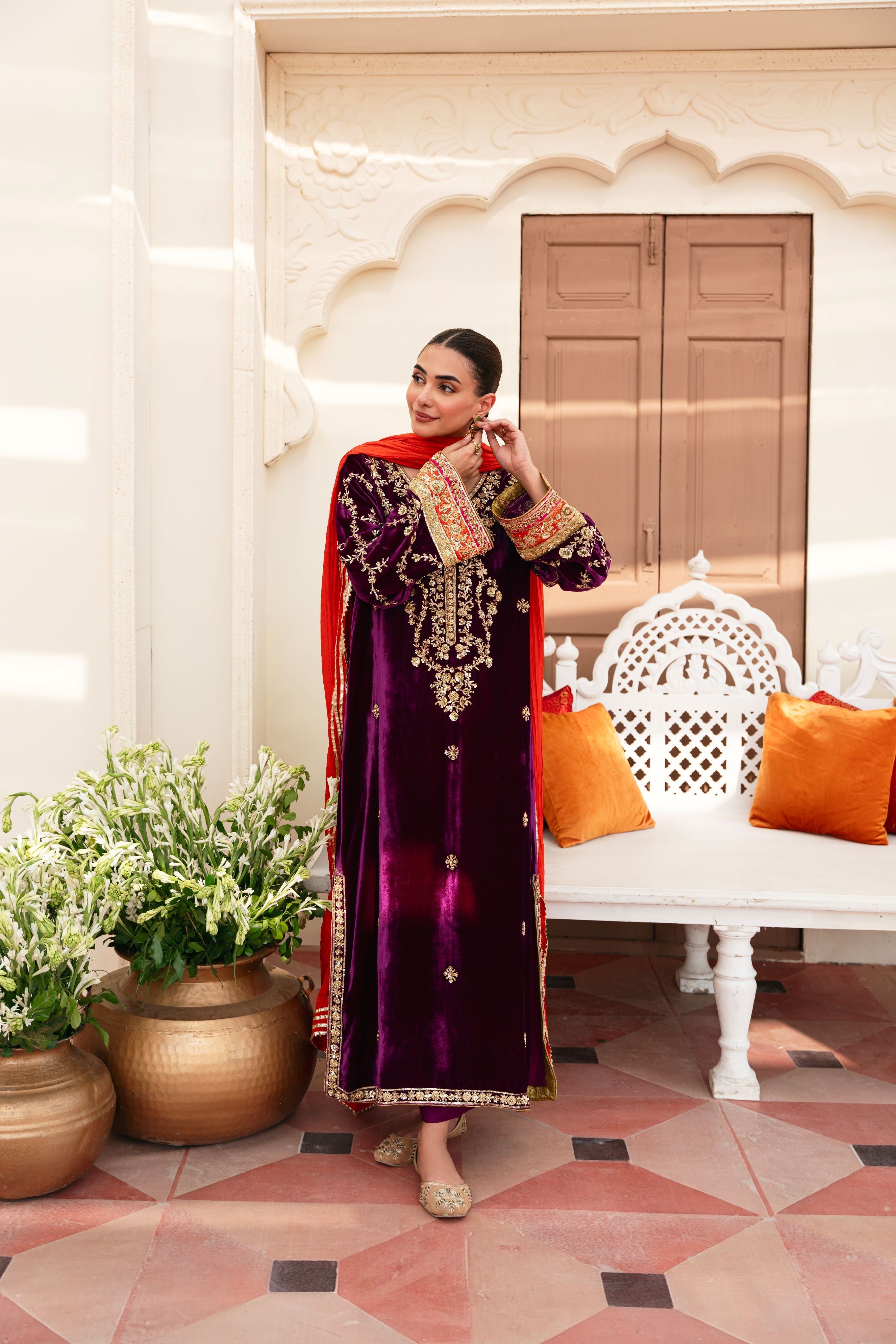 Pakistani Plum Hand-Embroidered Pure Velvet Salwar Kameez (3-Piece) - Image 1