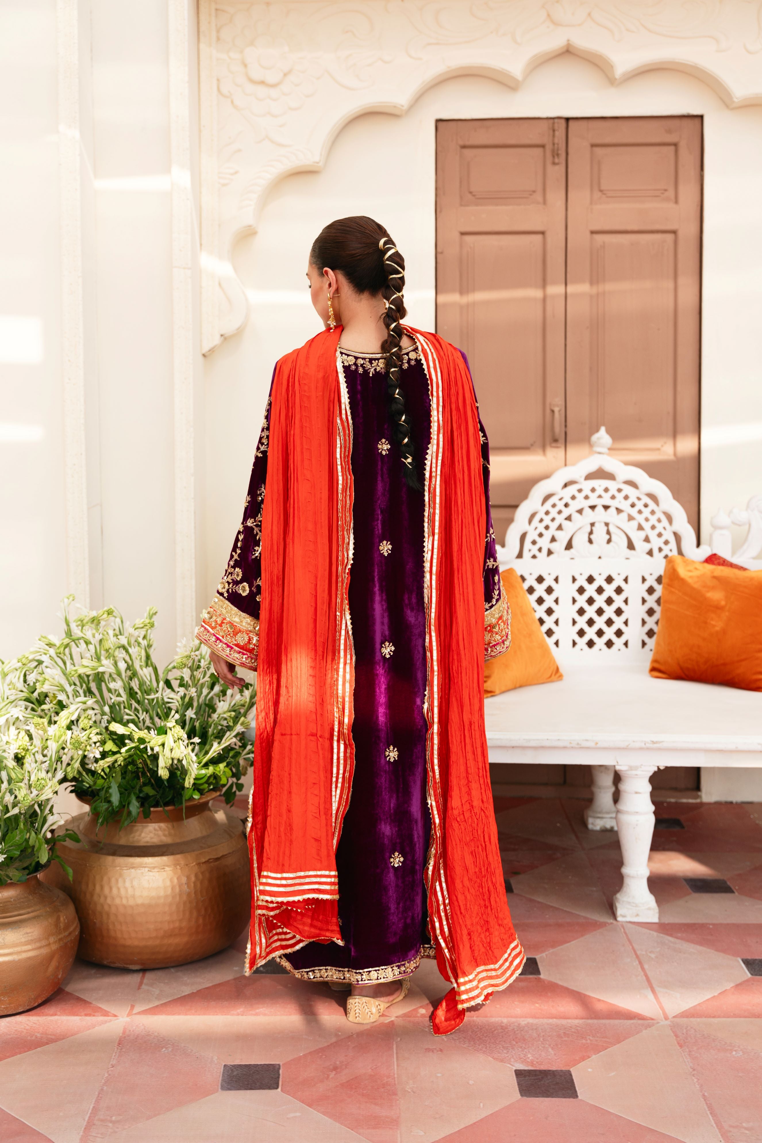 Pakistani Plum Hand-Embroidered Pure Velvet Salwar Kameez (3-Piece) - Image 2