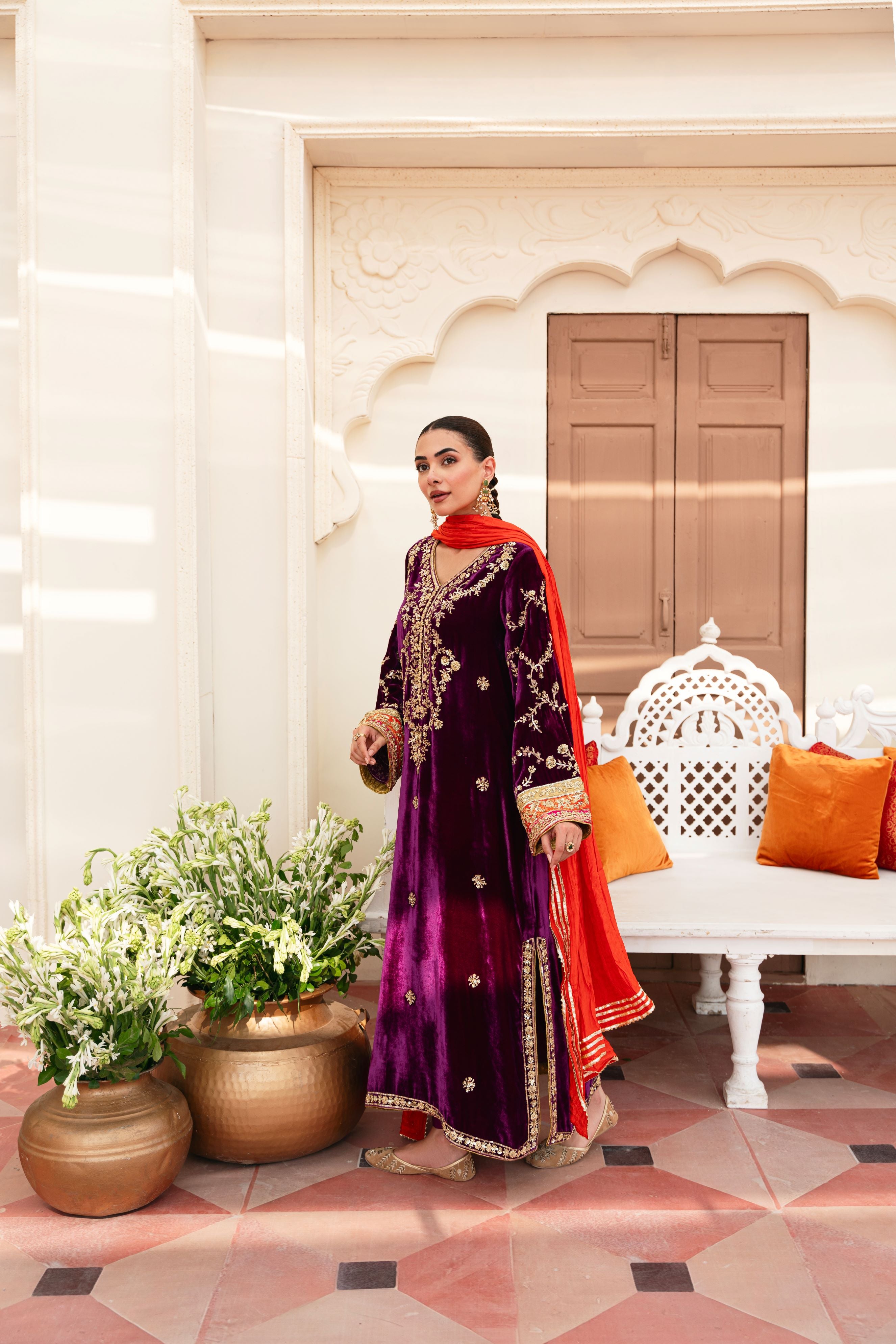 Pakistani Plum Hand-Embroidered Pure Velvet Salwar Kameez (3-Piece) - Image 3