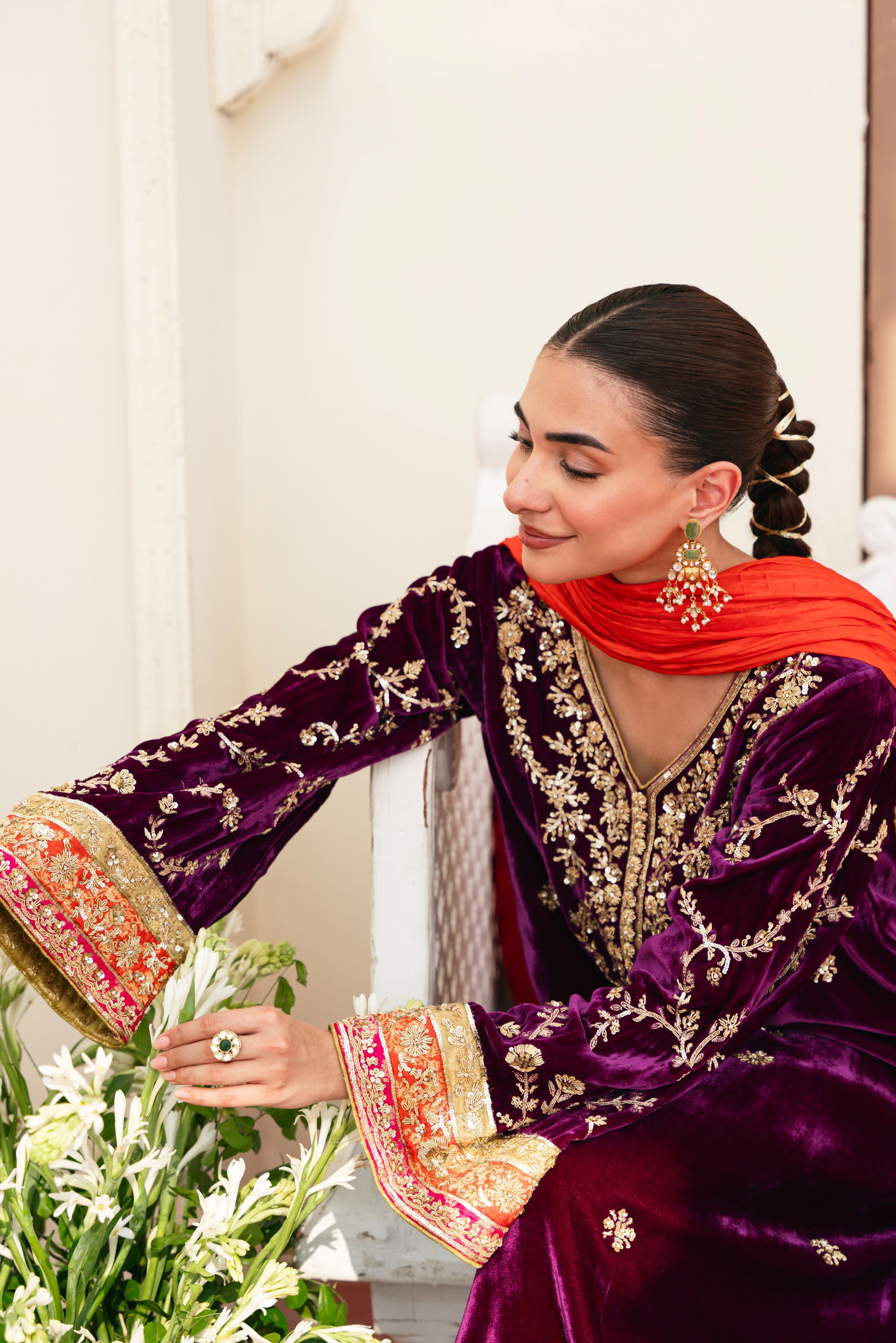 Pakistani Plum Hand-Embroidered Pure Velvet Salwar Kameez (3-Piece) - Image 5