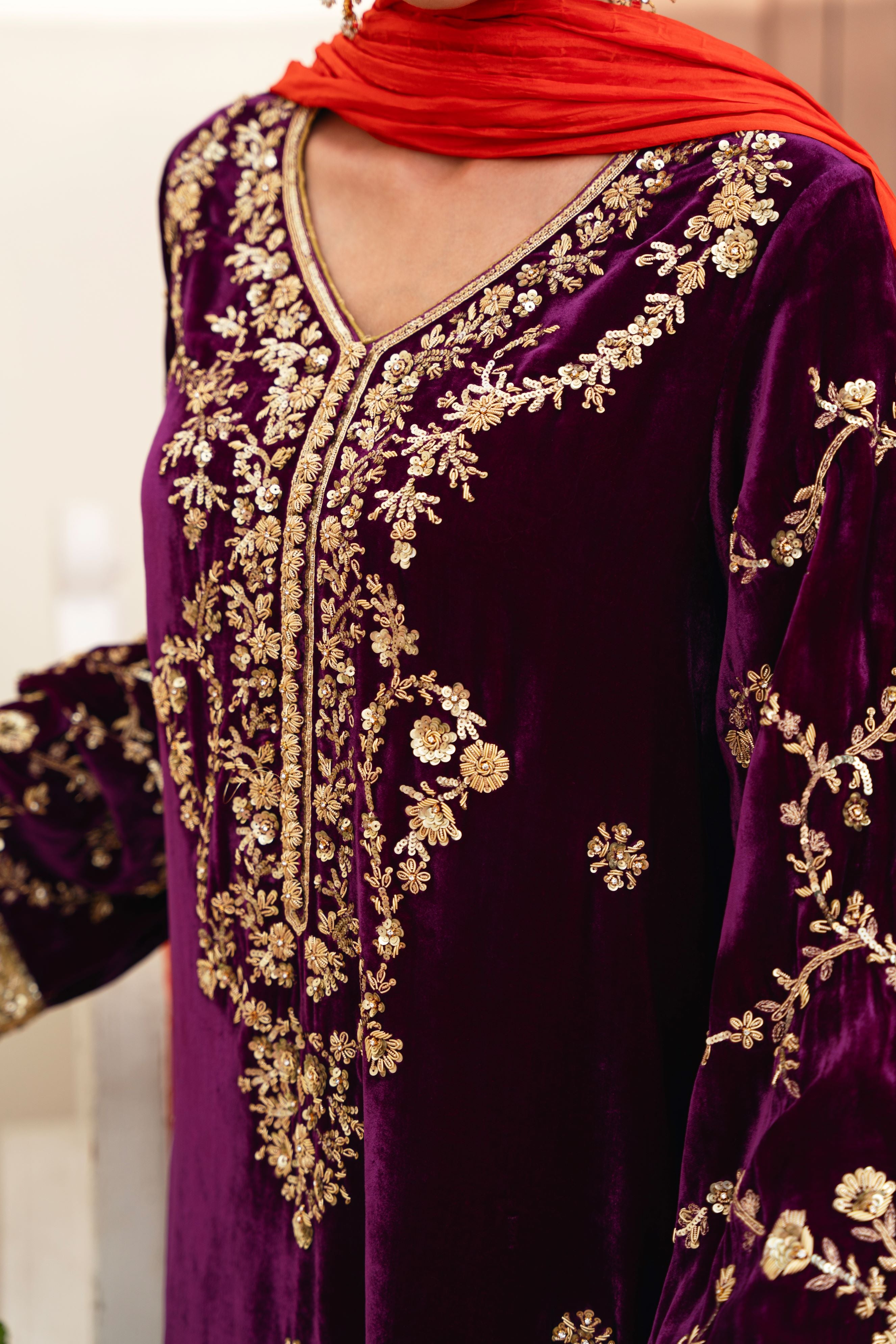 Pakistani Plum Hand-Embroidered Pure Velvet Salwar Kameez (3-Piece) - Image 6