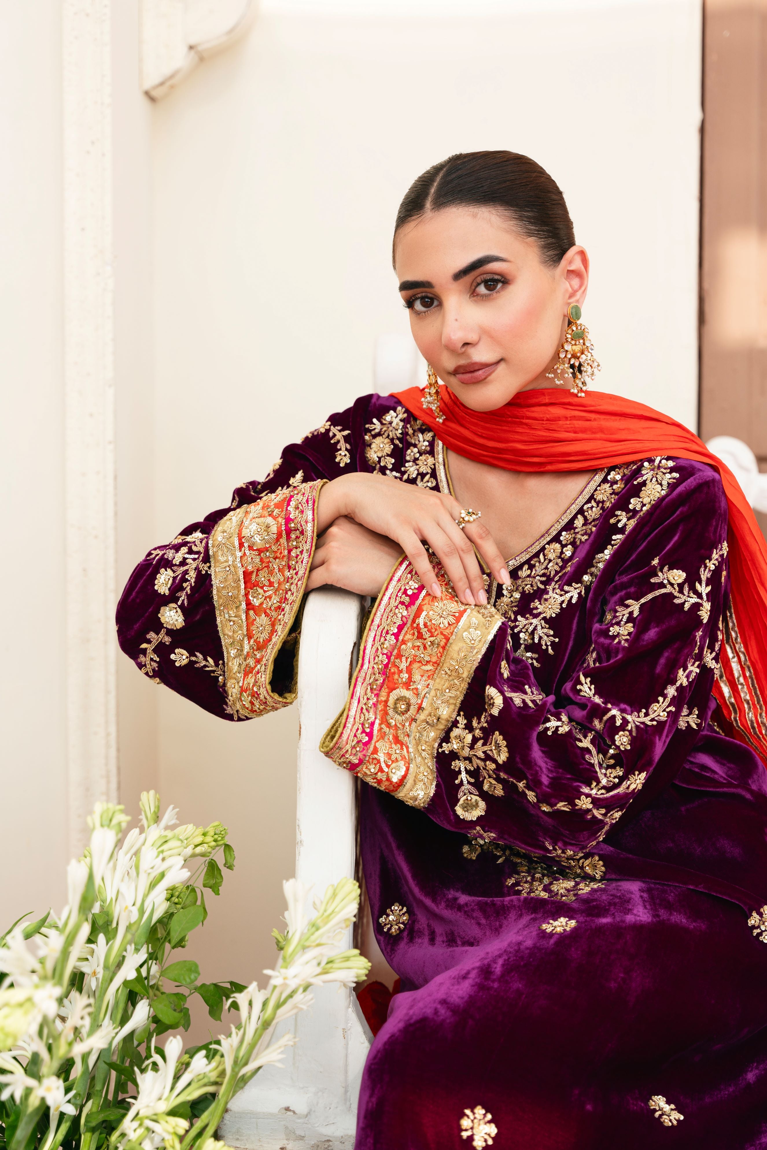 Pakistani Plum Hand-Embroidered Pure Velvet Salwar Kameez (3-Piece) - Image 7