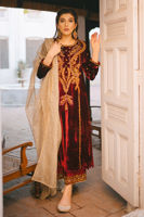Maroon Dabka Embroidered Velvet Salwar Kameez (3-Piece) - Image 2