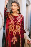 Maroon Dabka Embroidered Velvet Salwar Kameez (3-Piece) - Image 3