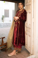 Maroon Dabka Embroidered Velvet Salwar Kameez (3-Piece) - Image 4