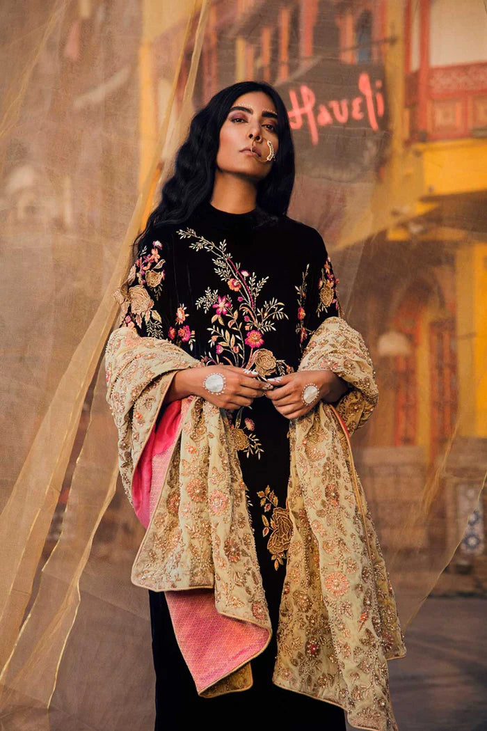 Pakistani Deep Maroon Embroidered Velvet Salwar Kameez (3-Piece) - Image 1