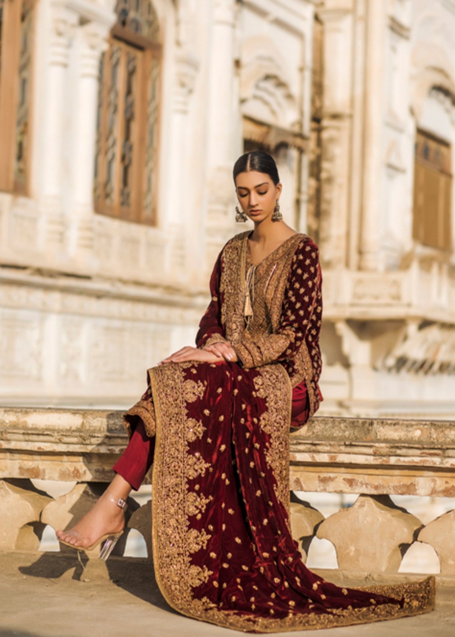 Maroon Gold Dori Embroidered Velvet Salwar Kameez (3-Piece) - Image 1