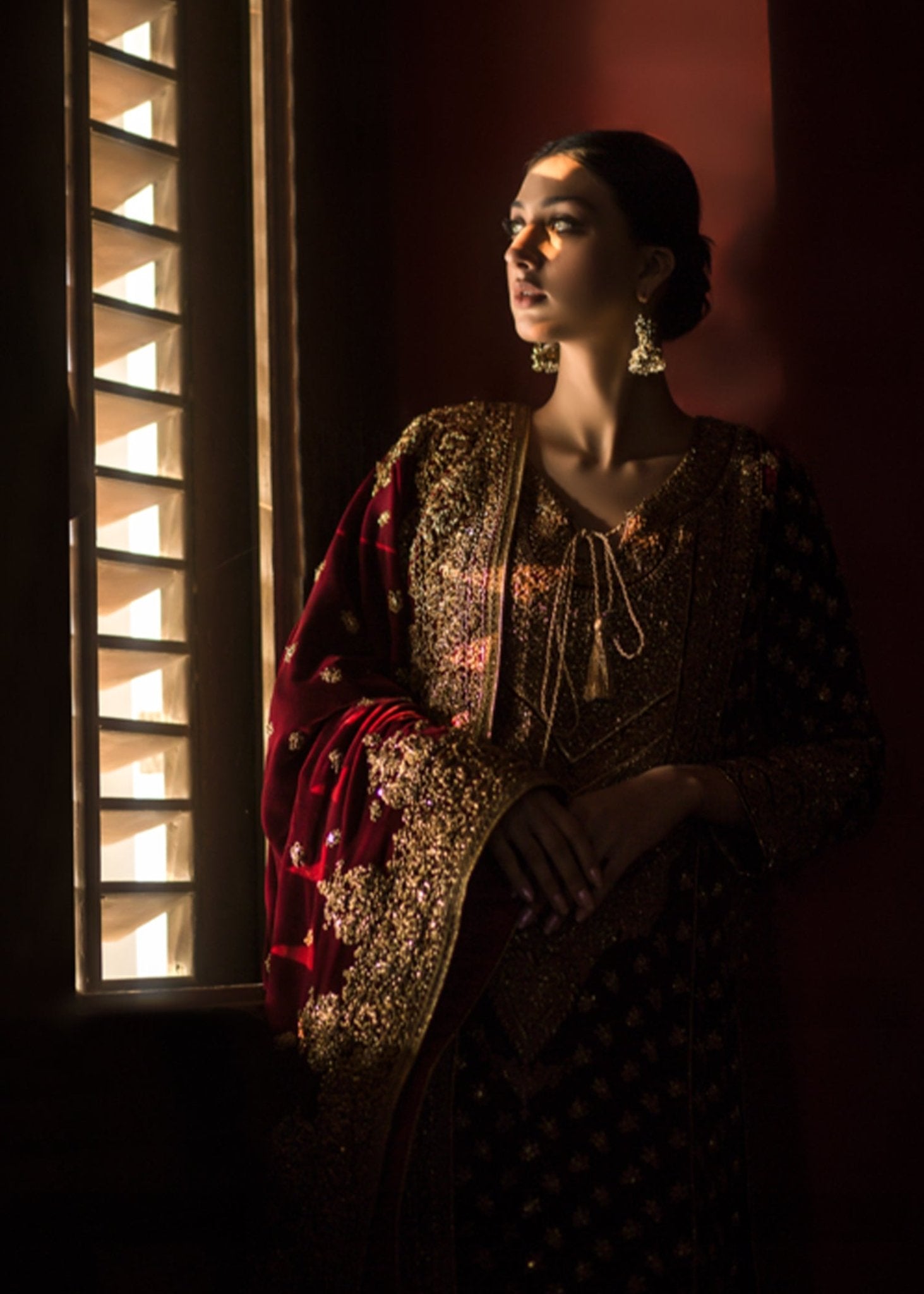 Maroon Gold Dori Embroidered Velvet Salwar Kameez (3-Piece) - Image 2