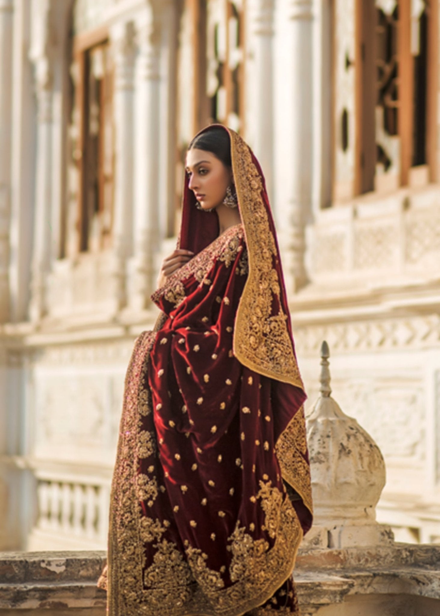 Maroon Gold Dori Embroidered Velvet Salwar Kameez (3-Piece) - Image 3