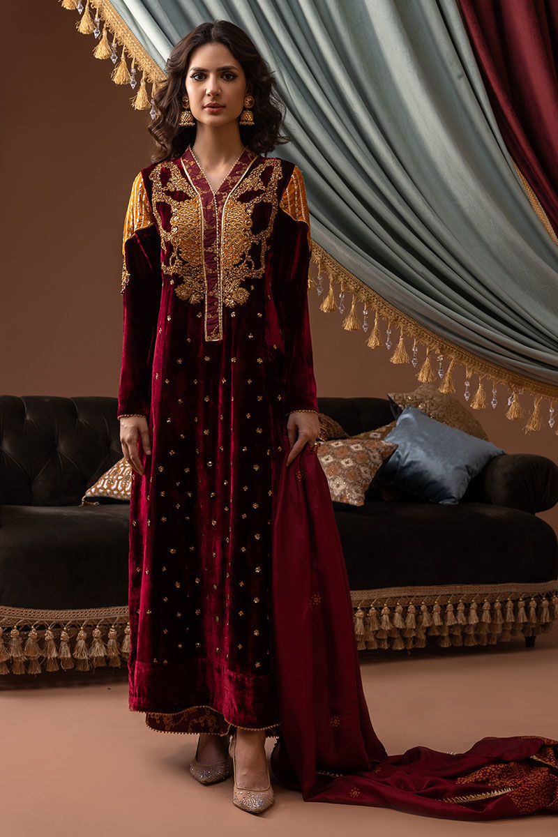 Pakistani Maroon Embroidered Velvet Salwar Kameez (3-Piece) - Image 1