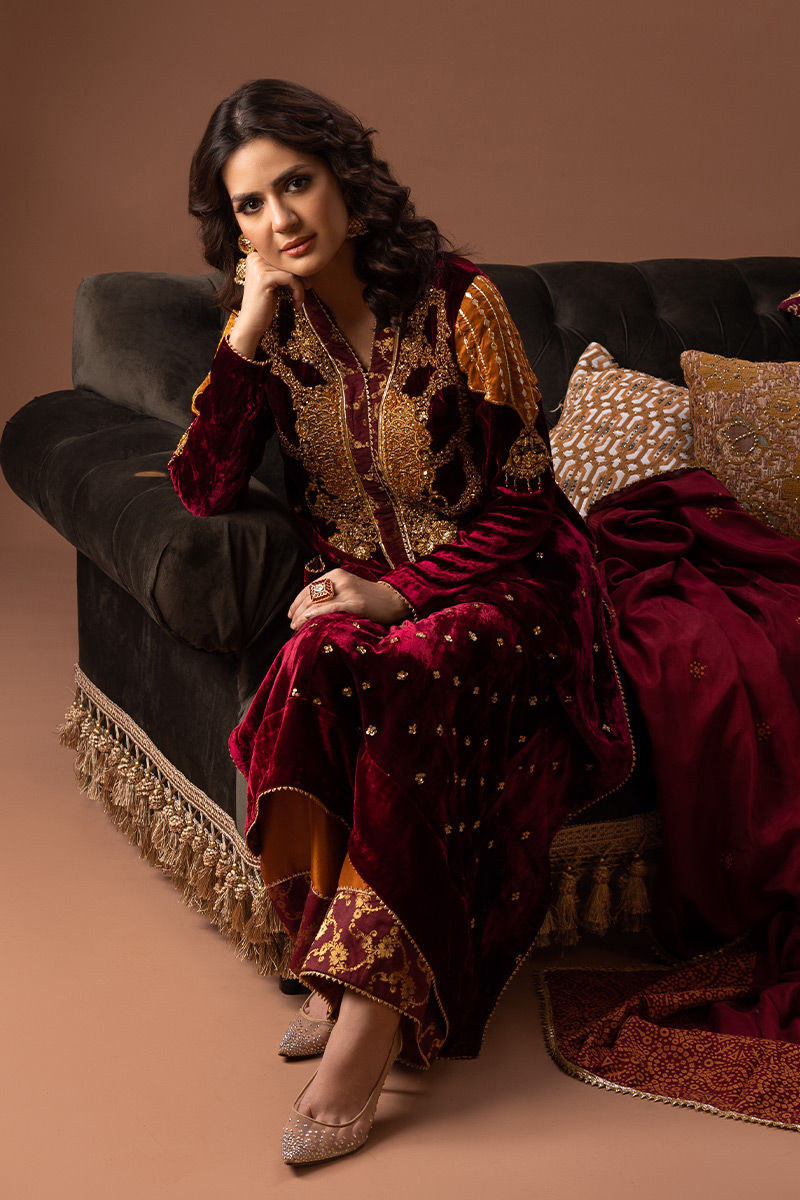Pakistani Maroon Embroidered Velvet Salwar Kameez (3-Piece) - Image 2