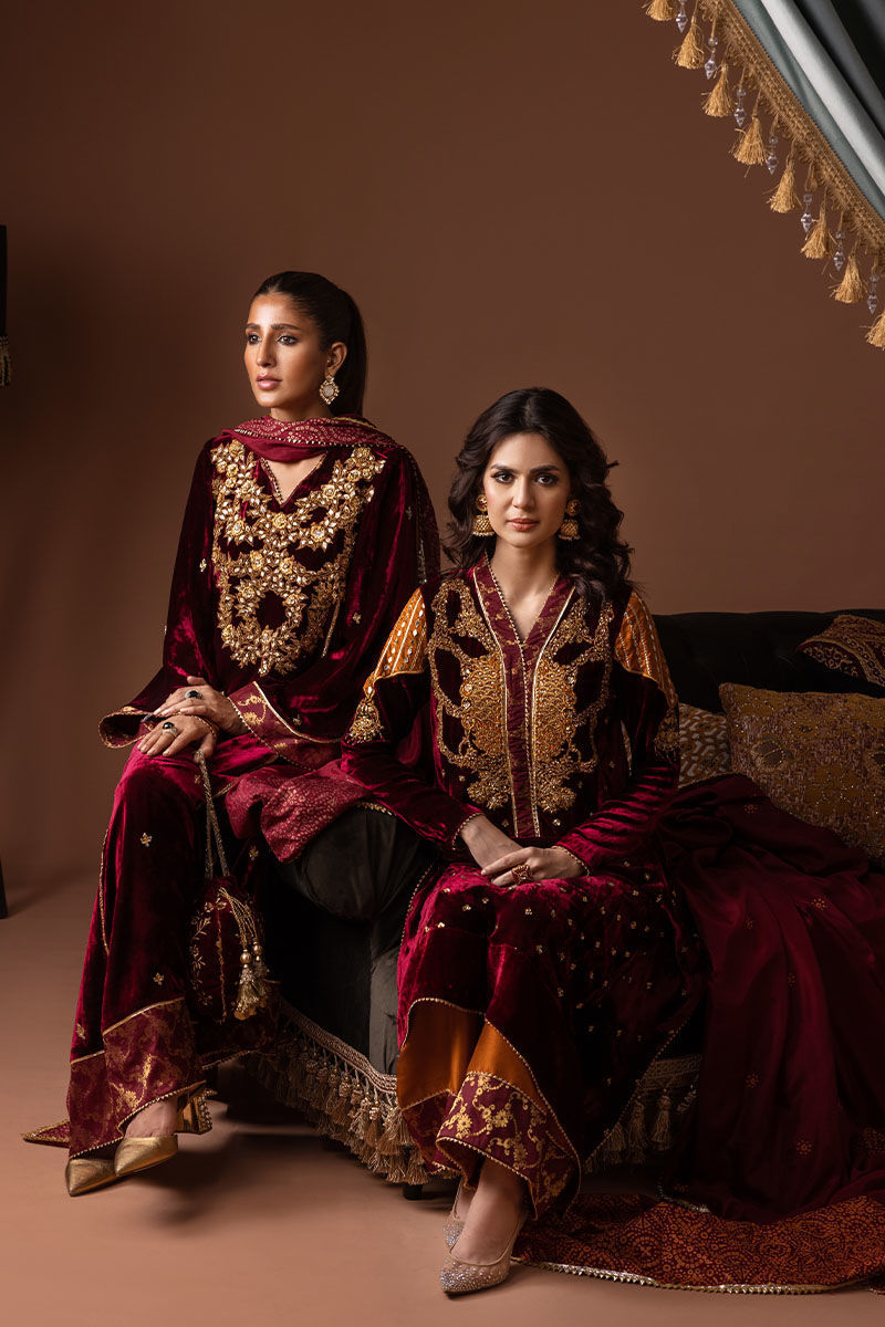 Pakistani Maroon Embroidered Velvet Salwar Kameez (3-Piece) - Image 7