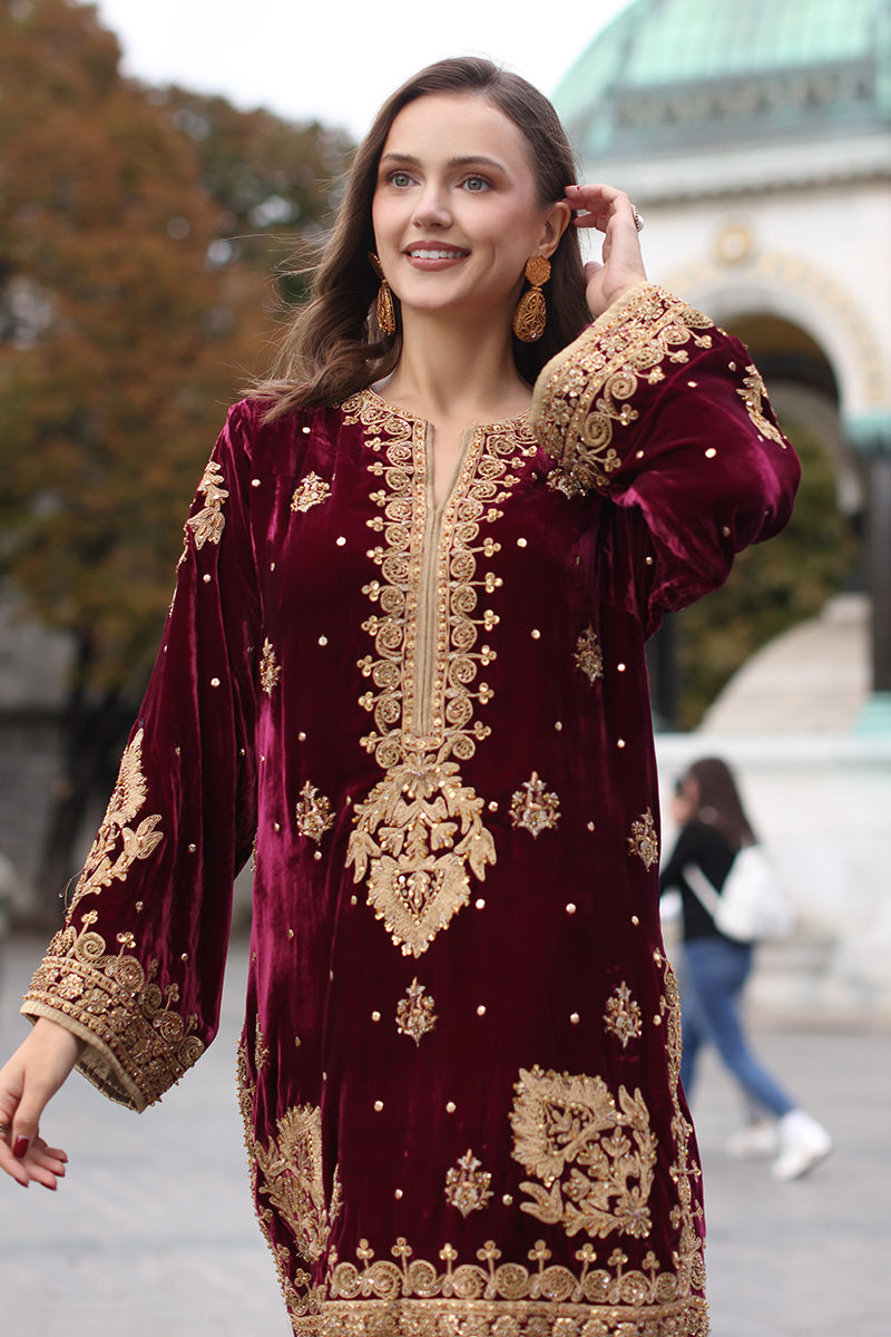 Pakistani Maroon Embroidered Velvet Salwar Kameez (3-Piece) - Image 2