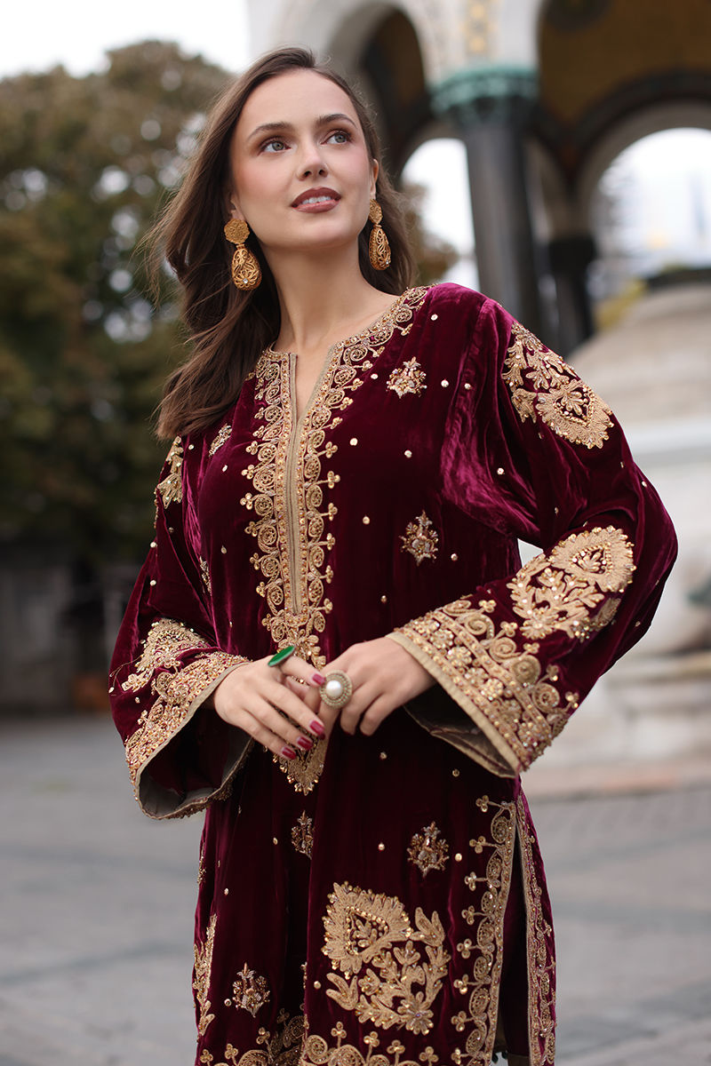 Pakistani Maroon Embroidered Velvet Salwar Kameez (3-Piece) - Image 5