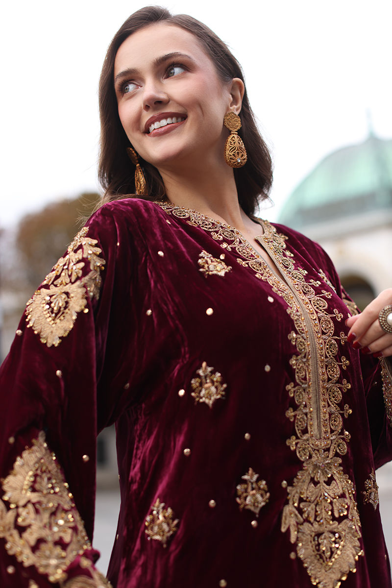 Pakistani Maroon Embroidered Velvet Salwar Kameez (3-Piece) - Image 6